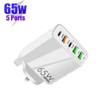 شاحن متعدد المنافذ USB بقوة 65 واط مع منفذين PD Type-C + 3 منافذ USB للهواتف والأجهزة اللوحية، قابس المملكة المتحدة، قابس المملكة المتحدة