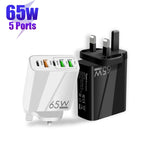 شاحن متعدد المنافذ USB بقوة 65 واط مع منفذين PD Type-C + 3 منافذ USB للهواتف والأجهزة اللوحية، قابس المملكة المتحدة، قابس المملكة المتحدة
