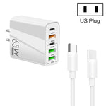 شاحن متعدد المنافذ 65 واط مزدوج PD Type-C + 3 منافذ USB مع كابل بيانات Type-C إلى Type-C بقوة 3A، قابس أمريكي، قابس أمريكي + كابل Type-C إلى Type-C