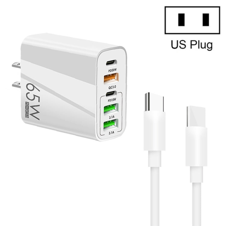 شاحن متعدد المنافذ 65 واط مزدوج PD Type-C + 3 منافذ USB مع كابل بيانات Type-C إلى Type-C بقوة 3A، قابس أمريكي، قابس أمريكي + كابل Type-C إلى Type-C