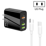 شاحن متعدد المنافذ 65 واط مزدوج PD Type-C + 3 منافذ USB مع كابل بيانات Type-C إلى Type-C بقوة 3A، قابس أمريكي، قابس أمريكي + كابل Type-C إلى Type-C