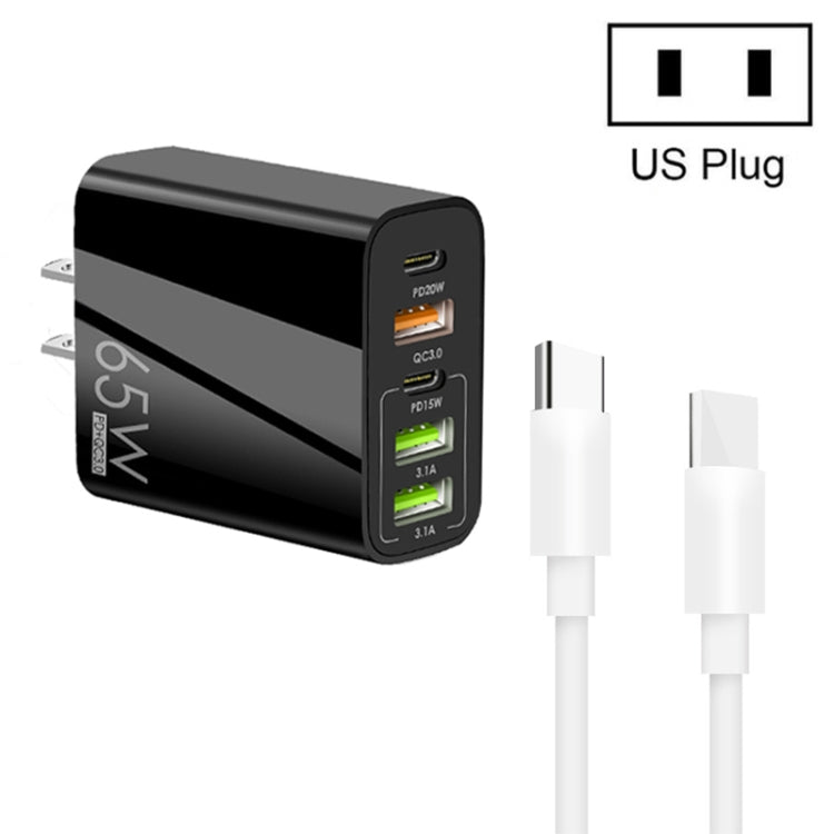 شاحن متعدد المنافذ 65 واط مزدوج PD Type-C + 3 منافذ USB مع كابل بيانات Type-C إلى Type-C بقوة 3A، قابس أمريكي، قابس أمريكي + كابل Type-C إلى Type-C