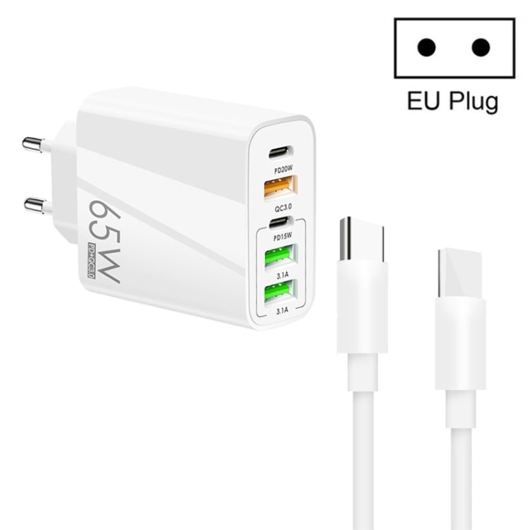 شاحن متعدد المنافذ بقدرة 65W مع منفذ PD مزدوج Type-C + 3 منافذ USB مع كابل بيانات Type-C إلى Type-C بقوة 3A، قابس US، قابس EU + كابل Type-C إلى Type-C