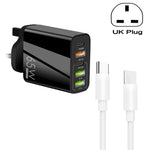 شاحن متعدد المنافذ 65 واط مزدوج PD Type-C + 3 منافذ USB مع كابل بيانات Type-C إلى Type-C بقوة 3A، قابس بريطاني، قابس بريطاني + كابل Type-C إلى Type-C