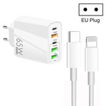 شاحن متعدد المنافذ USB بقوة 65 واط مع منفذين PD Type-C + 3 منافذ USB مع كابل بيانات Type-C إلى 8 سنون 3A، قابس الاتحاد الأوروبي، قابس الاتحاد الأوروبي + كابل Type-C إلى 8 سنون