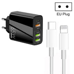 شاحن متعدد المنافذ USB بقوة 65 واط مع منفذين PD Type-C + 3 منافذ USB مع كابل بيانات Type-C إلى 8 سنون 3A، قابس الاتحاد الأوروبي، قابس الاتحاد الأوروبي + كابل Type-C إلى 8 سنون