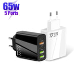 شاحن متعدد المنافذ USB بقوة 65 واط مع منفذين PD Type-C + 3 منافذ USB مع كابل بيانات Type-C إلى 8 سنون 3A، قابس الاتحاد الأوروبي، قابس الاتحاد الأوروبي + كابل Type-C إلى 8 سنون
