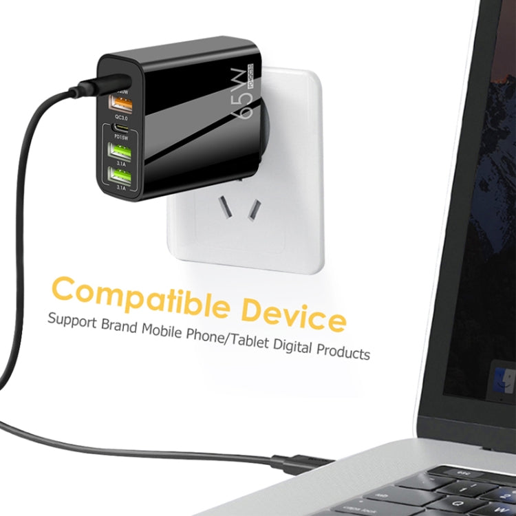 شاحن متعدد المنافذ USB بقوة 65 واط مع منفذين PD Type-C + 3 منافذ USB مع كابل بيانات Type-C إلى 8 سنون 3A، قابس الاتحاد الأوروبي، قابس الاتحاد الأوروبي + كابل Type-C إلى 8 سنون