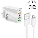 شاحن متعدد المنافذ USB بقوة 65 واط مع منفذين PD Type-C + 3 منافذ USB مع كابل بيانات USB إلى 8 سنون 3A، قابس المملكة المتحدة، قابس المملكة المتحدة + كابل USB إلى 8 سنون