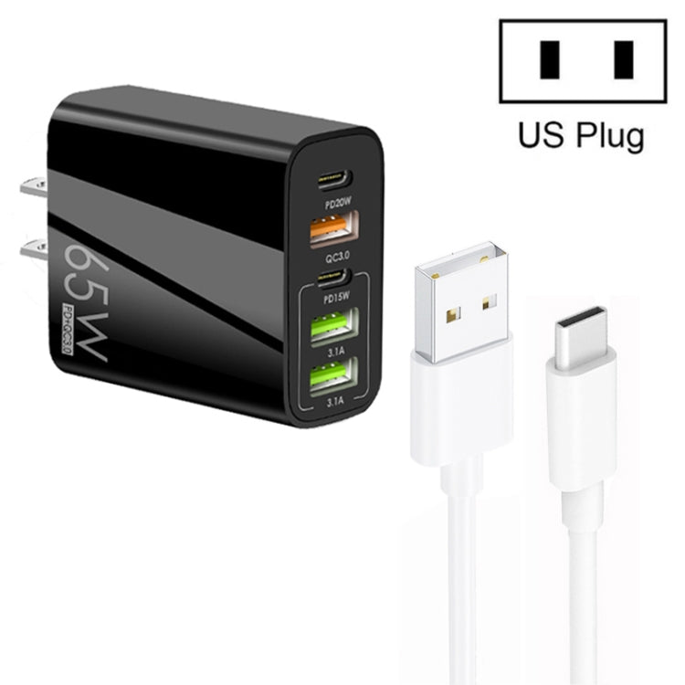 شاحن متعدد المنافذ 65 واط مزدوج PD Type-C + 3 منافذ USB مع كابل بيانات USB إلى Type-C بقوة 3A، قابس أمريكي، قابس أمريكي + كابل USB إلى Type-C