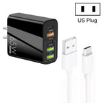 شاحن متعدد المنافذ 65 واط مزدوج PD Type-C + 3 منافذ USB مع كابل بيانات USB إلى Type-C بقوة 3A، قابس أمريكي، قابس أمريكي + كابل USB إلى Type-C