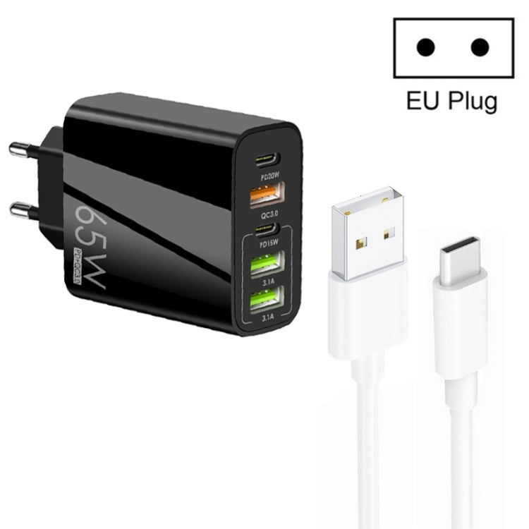شاحن متعدد المنافذ 65 واط مزدوج PD Type-C + 3 منافذ USB مع كابل بيانات USB إلى Type-C بقوة 3A، قابس أوروبي، قابس أوروبي + كابل USB إلى Type-C