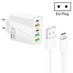 شاحن متعدد المنافذ 65 واط مزدوج PD Type-C + 3 منافذ USB مع كابل بيانات USB إلى Type-C بقوة 3A، قابس أوروبي، قابس أوروبي + كابل USB إلى Type-C