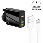 شاحن متعدد المنافذ 65 واط مزدوج PD Type-C + 3 منافذ USB مع كابل بيانات USB إلى Type-C بقوة 3A، قابس بريطاني، قابس بريطاني + كابل USB إلى Type-C