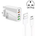 شاحن متعدد المنافذ 65 واط مزدوج PD Type-C + 3 منافذ USB مع كابل بيانات USB إلى Type-C بقوة 3A، قابس بريطاني، قابس بريطاني + كابل USB إلى Type-C