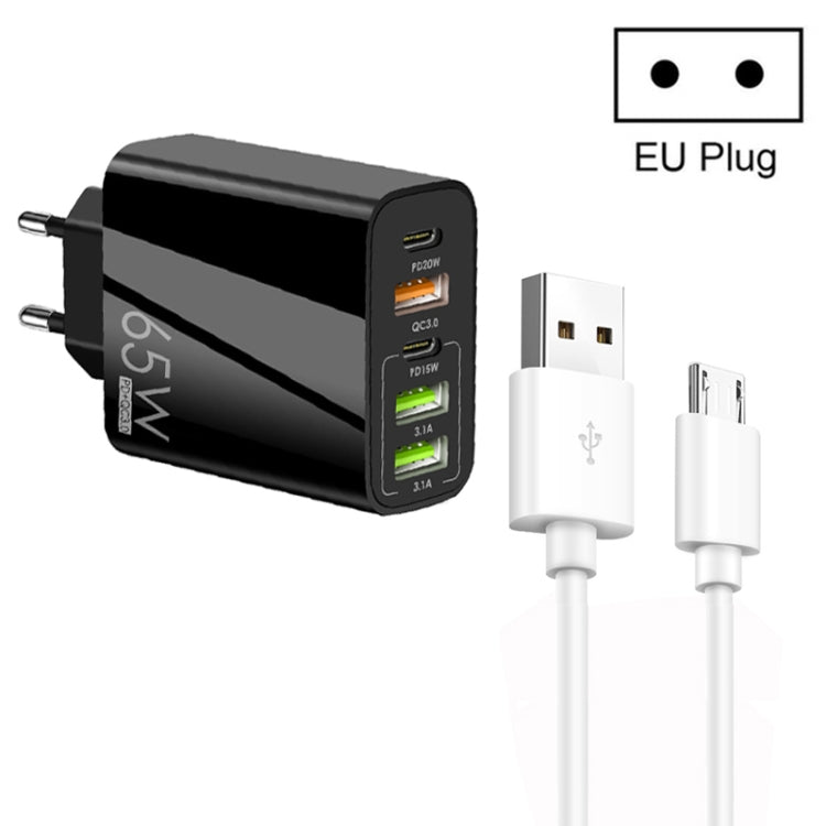 شاحن متعدد المنافذ 65 واط مزدوج PD Type-C + 3 منافذ USB مع كابل بيانات USB إلى Micro USB بقوة 3A، قابس أوروبي، قابس أوروبي + كابل USB إلى Micro USB