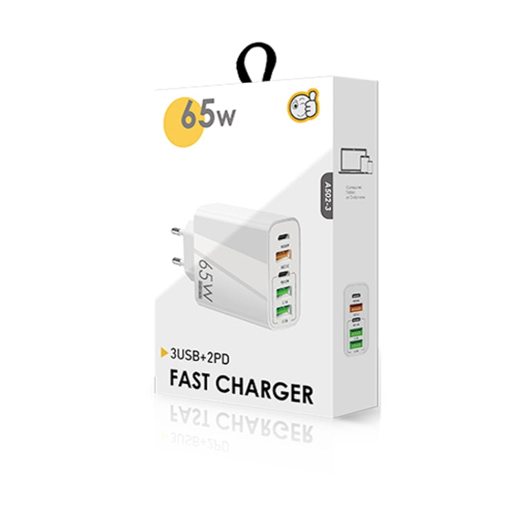 شاحن متعدد المنافذ 65 واط مزدوج PD Type-C + 3 منافذ USB مع كابل بيانات USB إلى Micro USB بقوة 3A، قابس أوروبي، قابس أوروبي + كابل USB إلى Micro USB