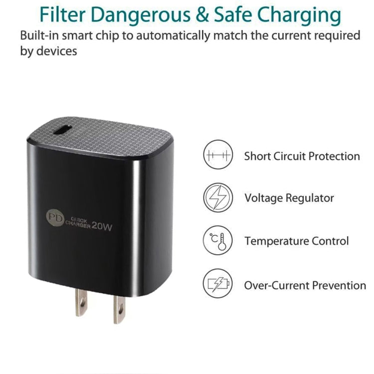 شاحن سريع صغير PD11 بمنفذ واحد PD3.0 USB-C / Type-C بقوة 20 واط لسلسلة iPhone / iPad، قابس الولايات المتحدة، قابس الولايات المتحدة