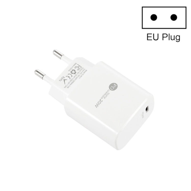 شاحن سريع صغير PD11 بمنفذ واحد PD3.0 USB-C / Type-C بقوة 20 واط لسلسلة iPhone / iPad، قابس الاتحاد الأوروبي، قابس الاتحاد الأوروبي