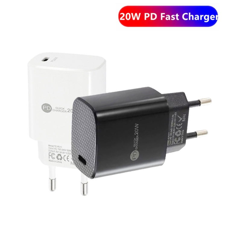 شاحن سريع صغير PD11 بمنفذ واحد PD3.0 USB-C / Type-C بقوة 20 واط لسلسلة iPhone / iPad، قابس الاتحاد الأوروبي، قابس الاتحاد الأوروبي