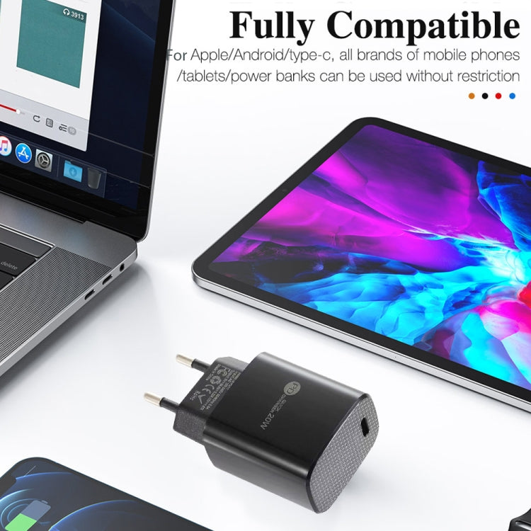 شاحن سريع صغير PD11 بمنفذ واحد PD3.0 USB-C / Type-C بقوة 20 واط لسلسلة iPhone / iPad، قابس الاتحاد الأوروبي، قابس الاتحاد الأوروبي