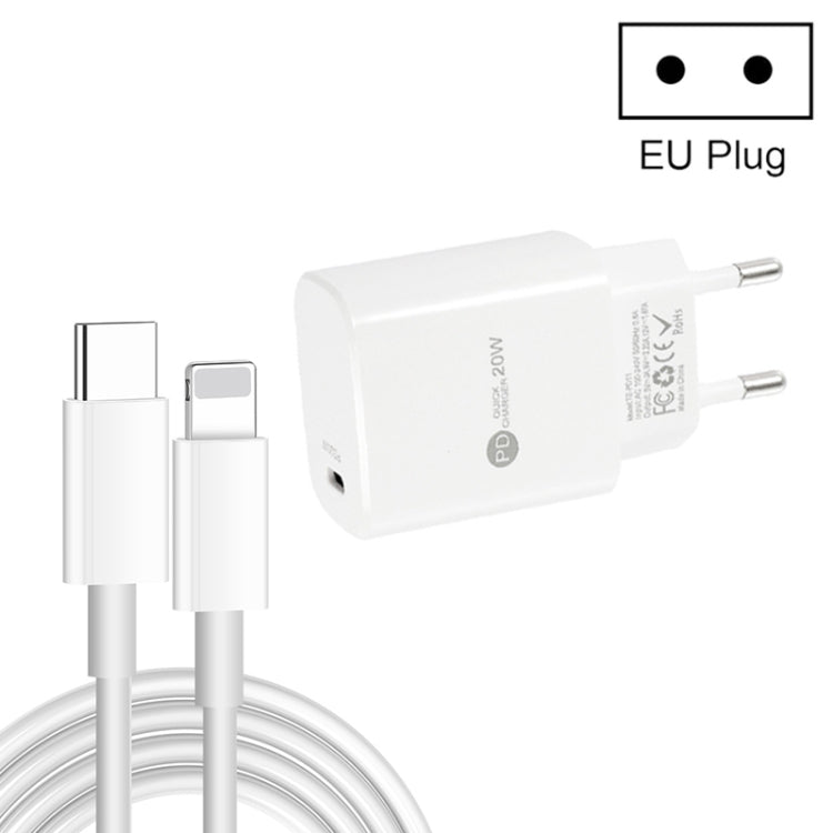 شاحن سريع PD11 بمنفذ واحد PD3.0 USB-C / Type-C بقوة 20 واط مع كابل بيانات Type-C إلى 8 سنون بطول 1 متر، قابس الاتحاد الأوروبي، قابس الاتحاد الأوروبي + كابل Type-C إلى 8 سنون
