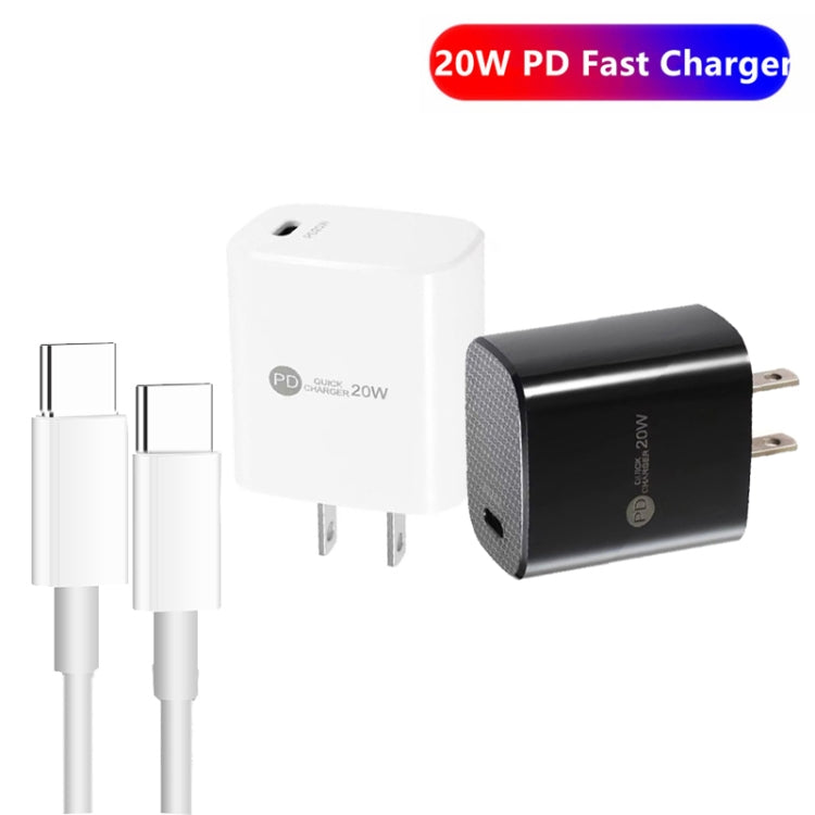 شاحن سريع منفرد PD3.0 USB-C / Type-C بقوة 20 واط مع كابل بيانات Type-C إلى Type-C بطول 1 متر، قابس أمريكي، قابس أمريكي + كابل Type-C إلى Type-C