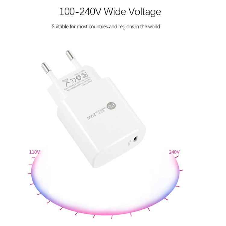 شاحن سريع منفرد PD3.0 USB-C / Type-C بقوة 20 واط مع كابل بيانات Type-C إلى Type-C بطول 1 متر، قابس أوروبي، قابس أوروبي + كابل Type-C إلى Type-C