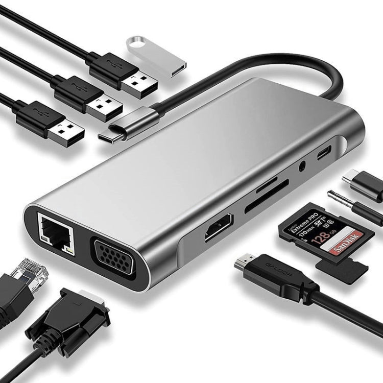 موزع USB C، محول USB C 11 في 1 مع HDMI 4K، VGA، شحن PD من نوع C، USB3.0، إيثرنت RJ45، قارئ بطاقات SD/TF، AUX 3.5 مم، محطة إرساء متوافقة مع MacBook Pro/Air وأجهزة اللابتوب الأخرى من نوع C