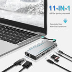 موزع USB C، محول USB C 11 في 1 مع HDMI 4K، VGA، شحن PD من نوع C، USB3.0، إيثرنت RJ45، قارئ بطاقات SD/TF، AUX 3.5 مم، محطة إرساء متوافقة مع MacBook Pro/Air وأجهزة اللابتوب الأخرى من نوع C