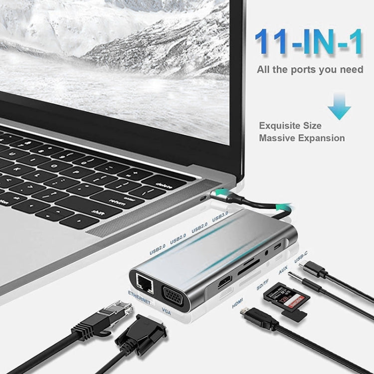موزع USB C، محول USB C 11 في 1 مع HDMI 4K، VGA، شحن PD من نوع C، USB3.0، إيثرنت RJ45، قارئ بطاقات SD/TF، AUX 3.5 مم، محطة إرساء متوافقة مع MacBook Pro/Air وأجهزة اللابتوب الأخرى من نوع C