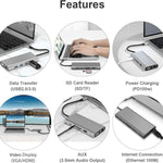 موزع USB C، محول USB C 11 في 1 مع HDMI 4K، VGA، شحن PD من نوع C، USB3.0، إيثرنت RJ45، قارئ بطاقات SD/TF، AUX 3.5 مم، محطة إرساء متوافقة مع MacBook Pro/Air وأجهزة اللابتوب الأخرى من نوع C