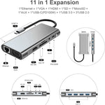 موزع USB C، محول USB C 11 في 1 مع HDMI 4K، VGA، شحن PD من نوع C، USB3.0، إيثرنت RJ45، قارئ بطاقات SD/TF، AUX 3.5 مم، محطة إرساء متوافقة مع MacBook Pro/Air وأجهزة اللابتوب الأخرى من نوع C