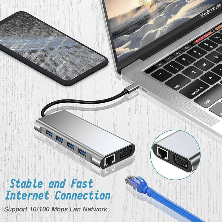 موزع USB C، محول USB C 11 في 1 مع HDMI 4K، VGA، شحن PD من نوع C، USB3.0، إيثرنت RJ45، قارئ بطاقات SD/TF، AUX 3.5 مم، محطة إرساء متوافقة مع MacBook Pro/Air وأجهزة اللابتوب الأخرى من نوع C