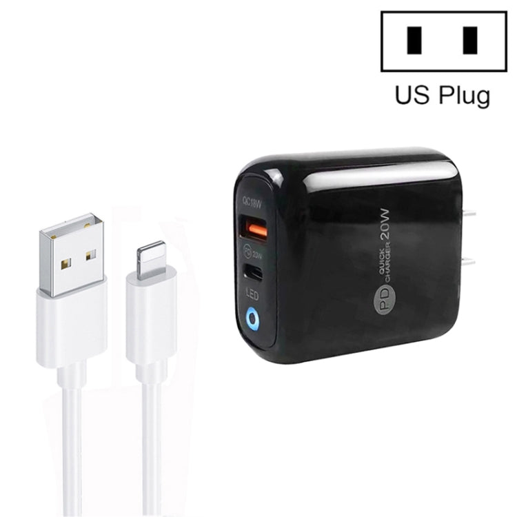 شاحن هاتف محمول PD04 Type-C + USB مع كابل USB إلى 8 سنون، قابس الولايات المتحدة، قابس الولايات المتحدة + كابل USB إلى 8 سنون