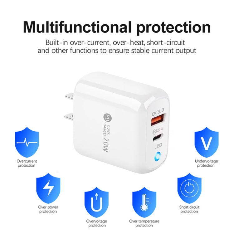 شاحن هاتف محمول PD04 Type-C + USB مع كابل USB إلى 8 سنون، قابس الولايات المتحدة، قابس الولايات المتحدة + كابل USB إلى 8 سنون