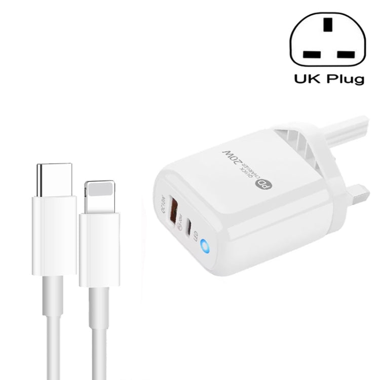شاحن هاتف محمول PD04 Type-C + USB مع كابل Type-C إلى 8 سنون، قابس المملكة المتحدة، قابس المملكة المتحدة + كابل Type-C إلى 8 سنون