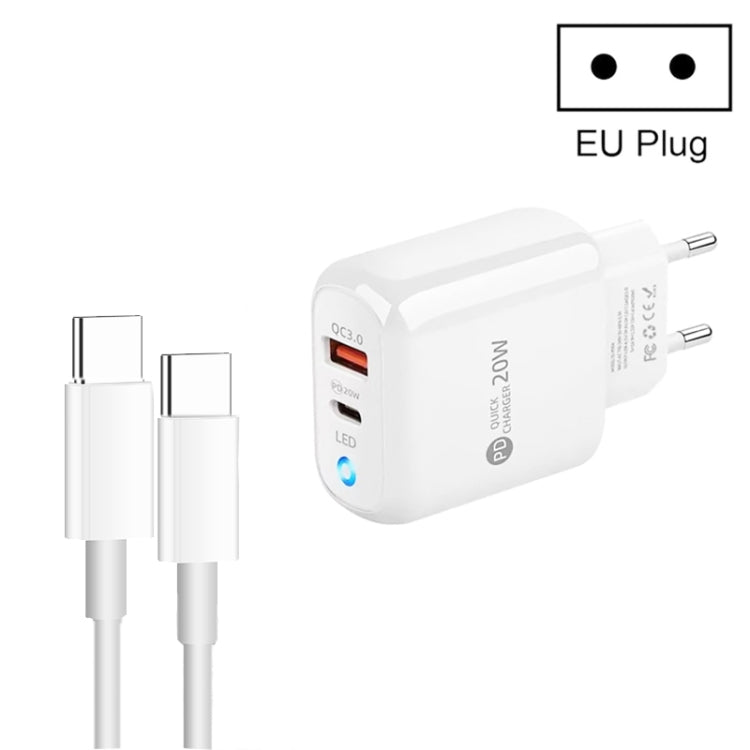 شاحن هاتف محمول Type-C + USB مع كابل Type-C إلى Type-C، قابس أوروبي، قابس أوروبي + كابل Type-C إلى Type-C