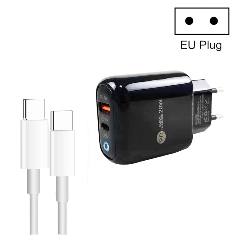 شاحن هاتف محمول Type-C + USB مع كابل Type-C إلى Type-C، قابس أوروبي، قابس أوروبي + كابل Type-C إلى Type-C