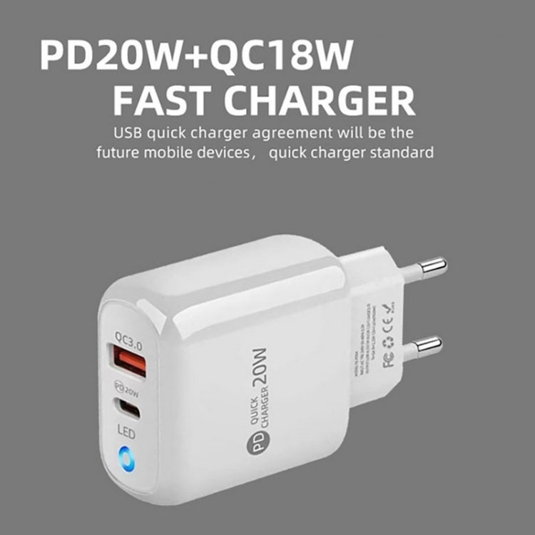شاحن هاتف محمول Type-C + USB مع كابل Type-C إلى Type-C، قابس أوروبي، قابس أوروبي + كابل Type-C إلى Type-C