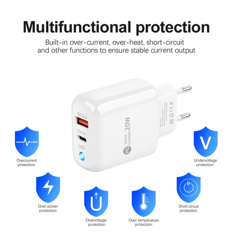 شاحن هاتف محمول Type-C + USB مع كابل Type-C إلى Type-C، قابس أوروبي، قابس أوروبي + كابل Type-C إلى Type-C