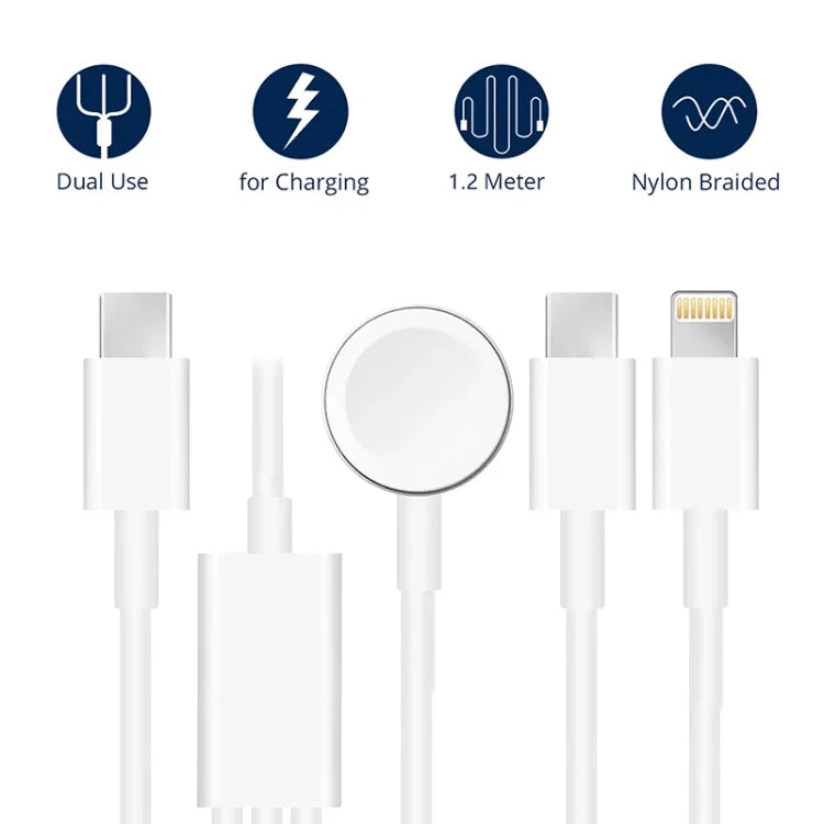 كابل شحن مغناطيسي USB 3 في 1 لسلسلة Apple Watch والهاتف مع قابس مزدوج Type-C بطول 4 أقدام/1.2 متر، DS-XB020