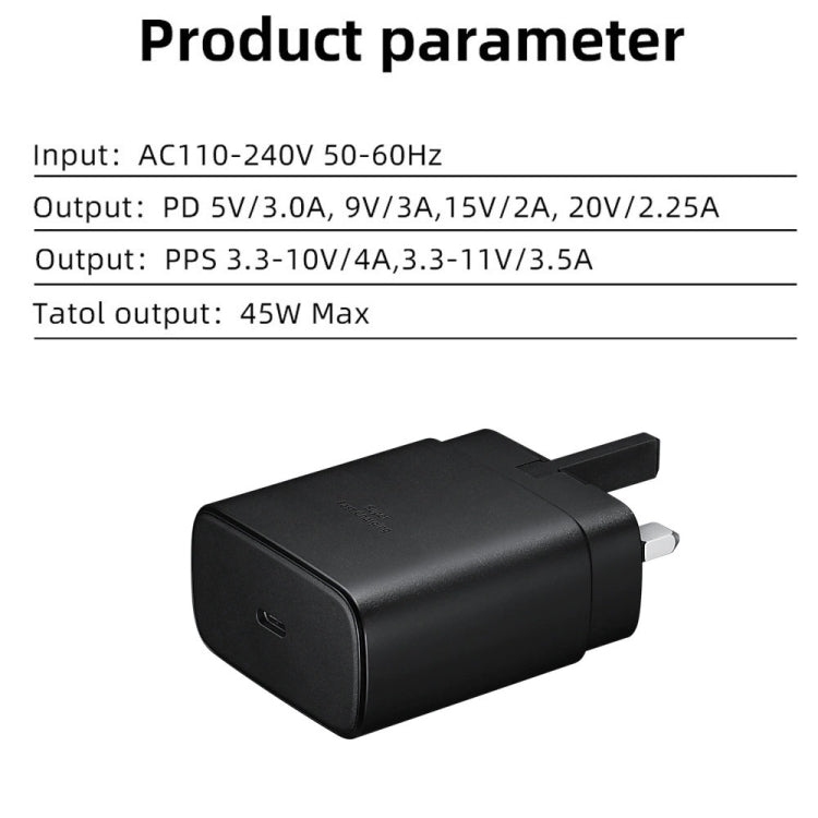 شاحن سريع 45 واط بمنفذ USB-C / Type-C مع كابل Type-C إلى Type-C بقوة 5 أمبير، قابس المملكة المتحدة، قابس المملكة المتحدة + كابل Type-C
