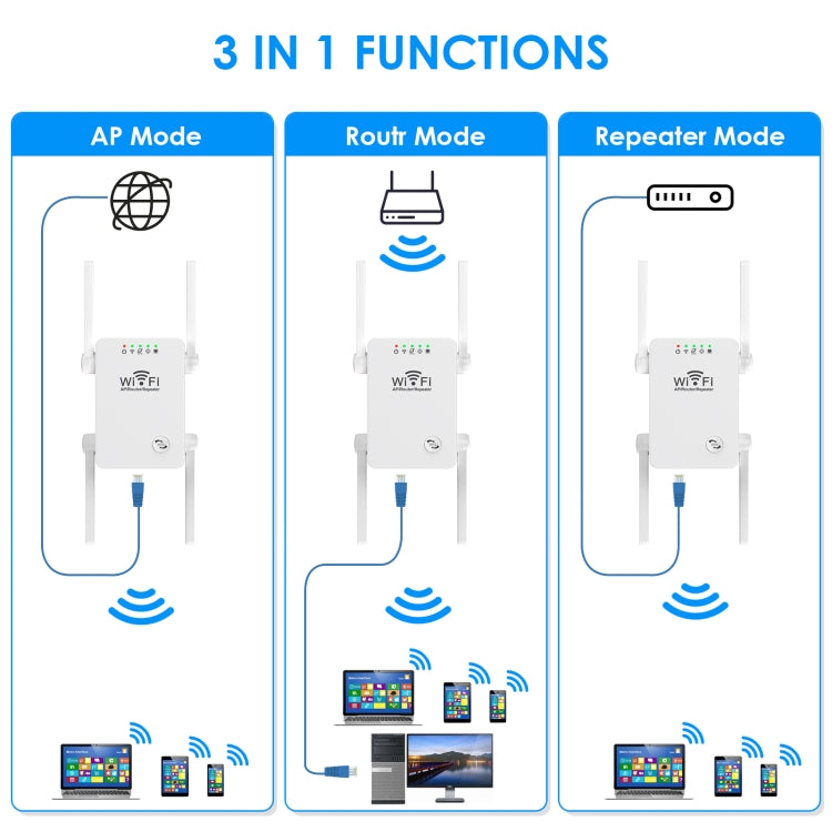 مكرر موسع واي فاي لاسلكي U8 بسرعة 300Mbps، موجه، مكبر إشارة WiFi، قابس أمريكي، قابس أوروبي