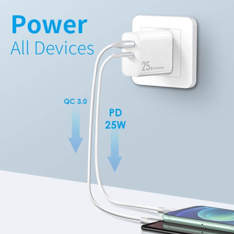 شاحن سريع NORTHJO NOPD2502 PD 25W USB-C / Type-C + QC 3.0 USB بمنفذين، قابس الولايات المتحدة، قابس الاتحاد الأوروبي، قابس المملكة المتحدة، قابس أستراليا
