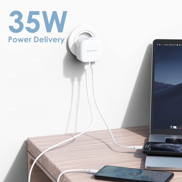 شاحن سريع جداري NORTHJO NOGAN3502 GaN PD PPS 35 واط بمنفذين USB-C / Type-C، قابس الاتحاد الأوروبي، قابس المملكة المتحدة