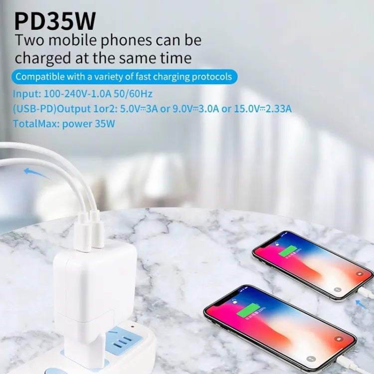 شاحن مزدوج المنفذ USB-C / Type-C بقوة 35 واط PD3.0 لسلسلة iPhone / iPad، قابس الولايات المتحدة، قابس الاتحاد الأوروبي