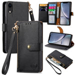 غطاء هاتف من الجلد مع سحاب وحزام معصم، لهواتف iPhone 11، iPhone 11 Pro، iPhone X / XS، iPhone XR، iPhone XS Max، iPhone 7 Plus / 8 Plus، iPhone 6 Plus / 6s Plus، iPhone 6 / 6s