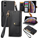 غطاء هاتف من الجلد مع سحاب وحزام معصم، لهواتف iPhone 11، iPhone 11 Pro، iPhone X / XS، iPhone XR، iPhone XS Max، iPhone 7 Plus / 8 Plus، iPhone 6 Plus / 6s Plus، iPhone 6 / 6s