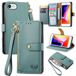 غطاء هاتف من الجلد مع سحاب وحزام معصم، لهواتف iPhone 14 Pro Max، iPhone 7 / 8 / SE 2022، iPhone 13 Pro Max، iPhone 13 Pro، iPhone 13، iPhone 12 / 12 Pro، iPhone 12 Pro Max، iPhone 11 Pro Max